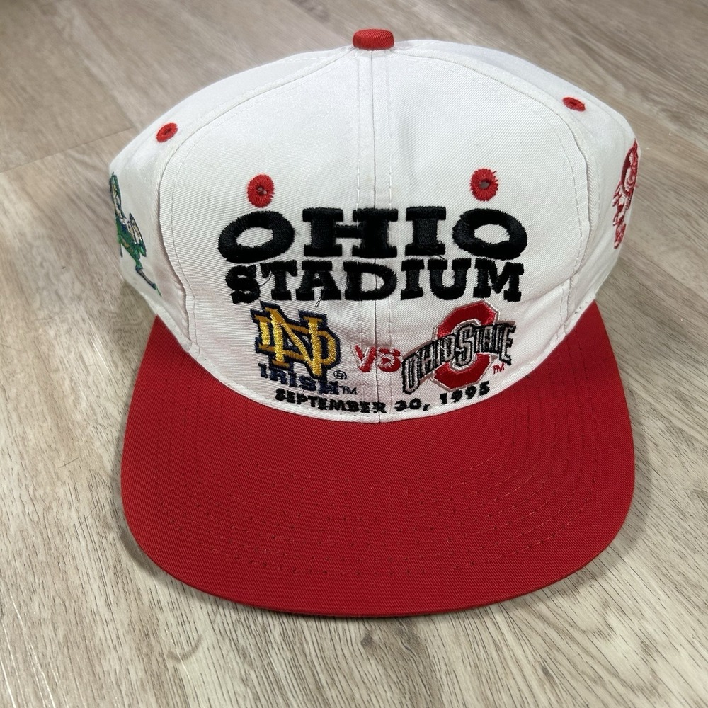 VTG 1995 Ohio State Notre Dame Snapback Hat College Logo 7 White Red Cap